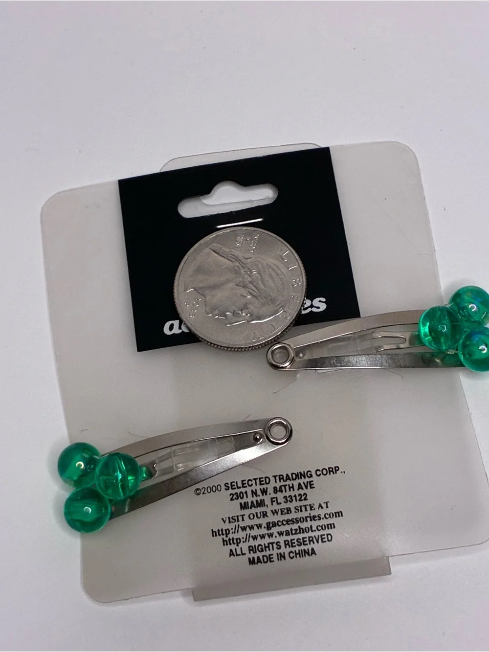 Vintage Y2K Metal Snap Hair Clips Translucent Green Bead Clusters 2 Pack 2000's